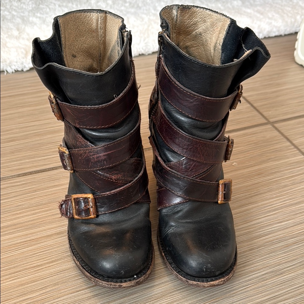 Women's Black and Brown Buckle Boots